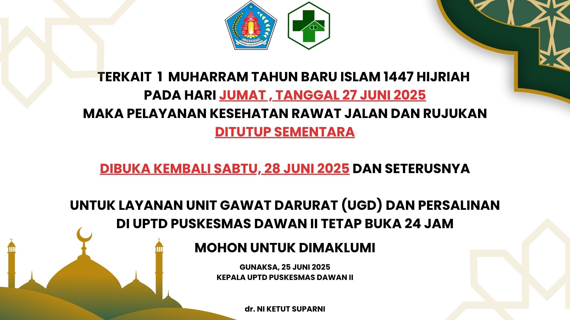 Pengumuman Libur Pelayanan Kesehatan UPTD Puskesmas Dawan II