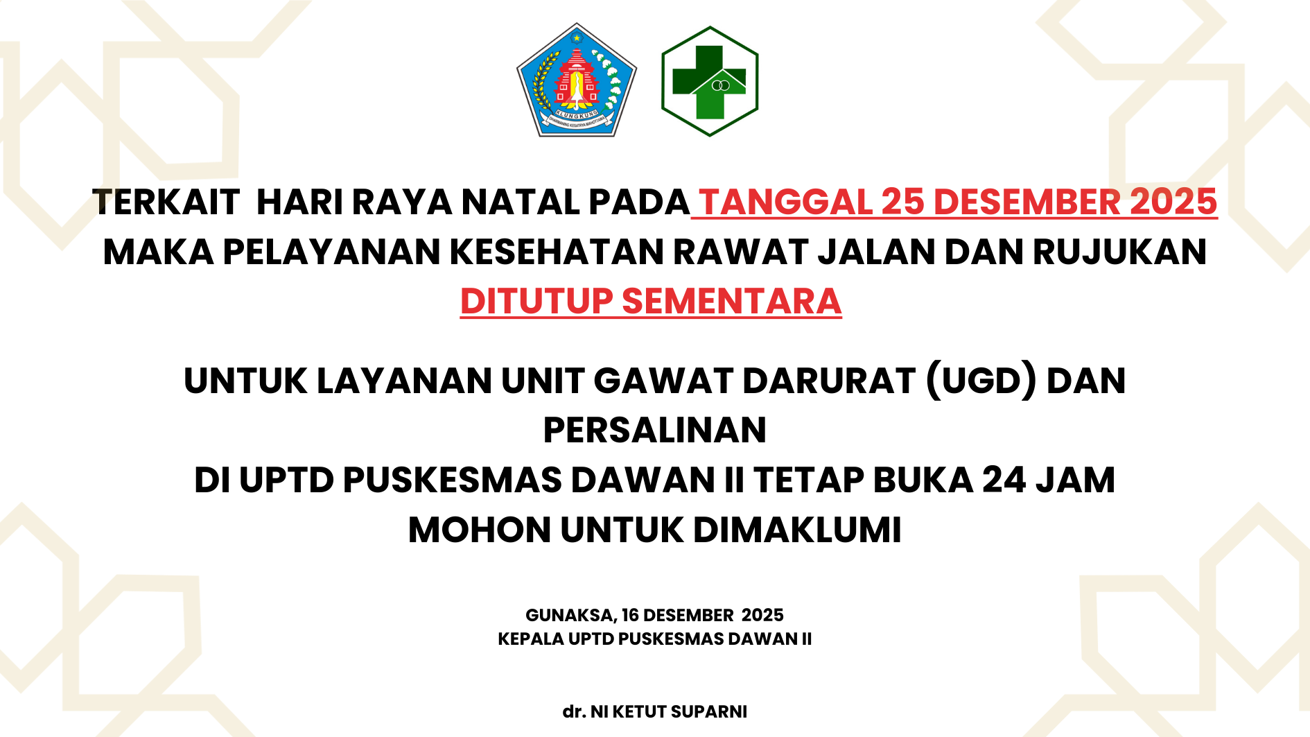 PENGUMUMAN TUTUP LAYANAN