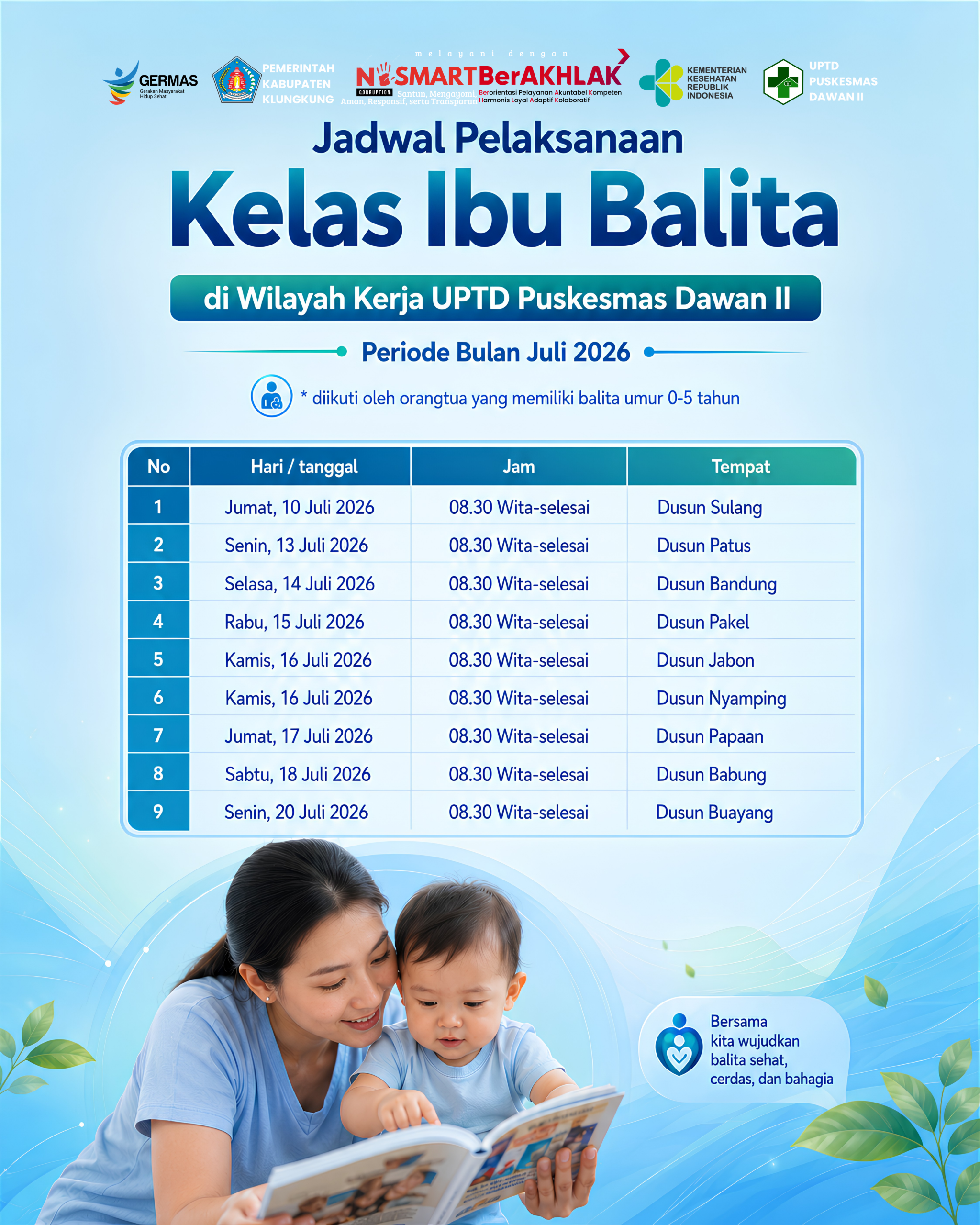 Jadwal Pelaksanaan Kelas Ibu Balita Bulan Juli 2026 UPTD. Puskesmas Dawan II
